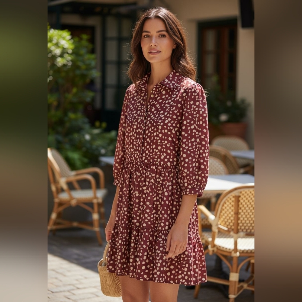 Jude Connally Burgundy Cream Long Sleeve Tiered Mini Dress Sz Small